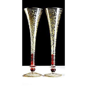 Set of 2 Pier 1 RIOJA Champagne Flute Glasses GOLD SCROLLS Hollow Red Stem